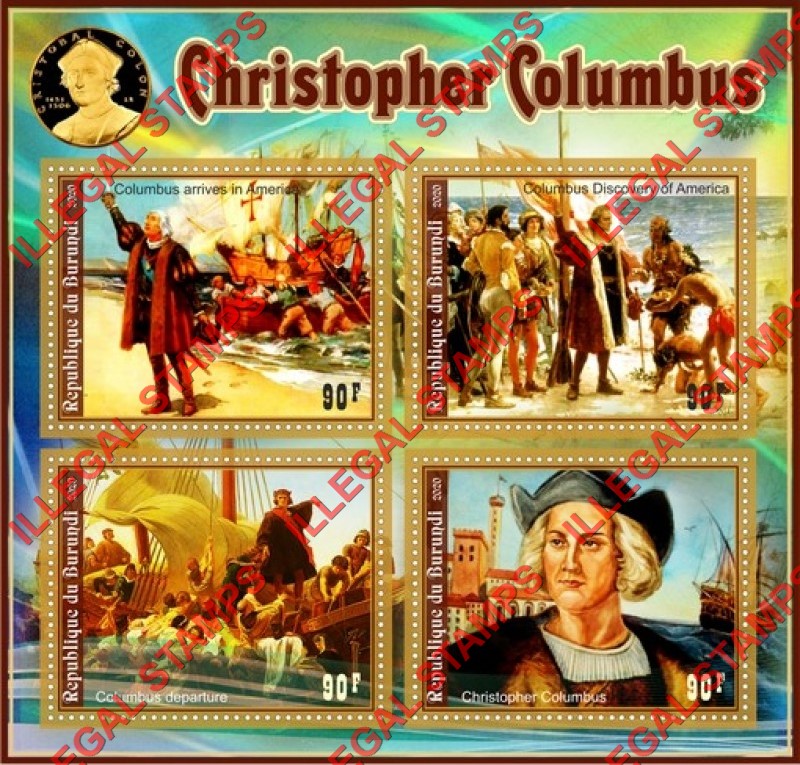 Burundi 2020 Christopher Columbus Counterfeit Illegal Stamp Souvenir Sheet of 4 Burundi 2020 Christopher Columbus Counterfeit Illegal Stamp Souvenir Sheet of 4