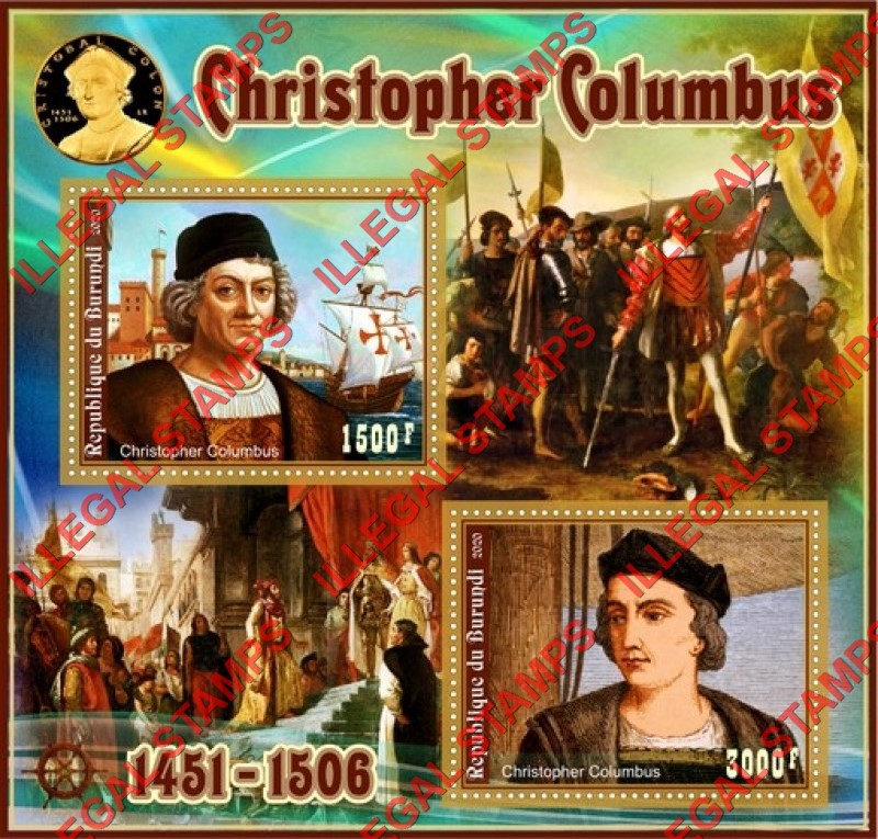 Burundi 2020 Christopher Columbus Counterfeit Illegal Stamp Souvenir Sheet of 2 Burundi 2020 Christopher Columbus Counterfeit Illegal Stamp Souvenir Sheet of 2