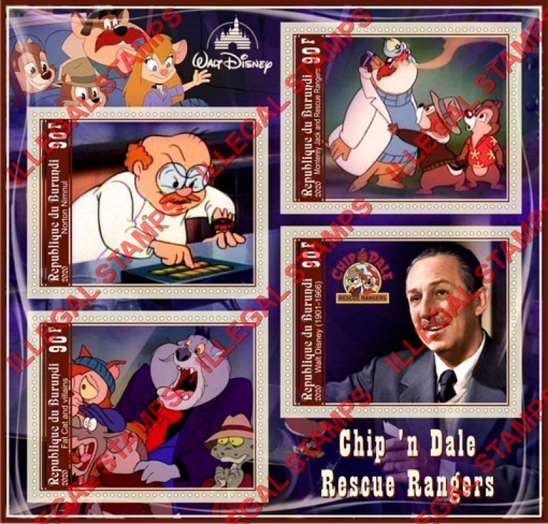Burundi 2020 Disney Chip 'n Dale Rescue Rangers Counterfeit Illegal Stamp Souvenir Sheet of 4 Burundi 2020 Disney Chip 'n Dale Rescue Rangers Counterfeit Illegal Stamp Souvenir Sheet of 4