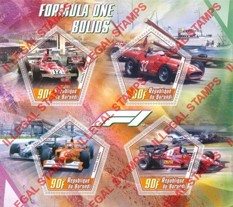 Burundi 2020 Formula I Bolids Counterfeit Illegal Stamp Souvenir Sheet of 4 Burundi 2020 Formula I Bolids Counterfeit Illegal Stamp Souvenir Sheet of 4