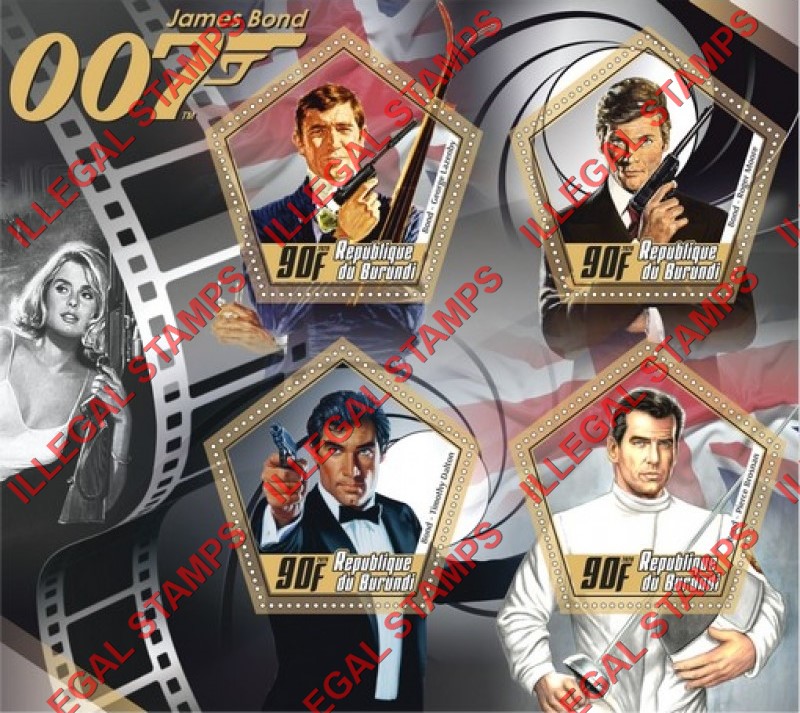 Burundi 2020 James Bond 007 Counterfeit Illegal Stamp Souvenir Sheet of 4 Burundi 2020 James Bond 007 Counterfeit Illegal Stamp Souvenir Sheet of 4