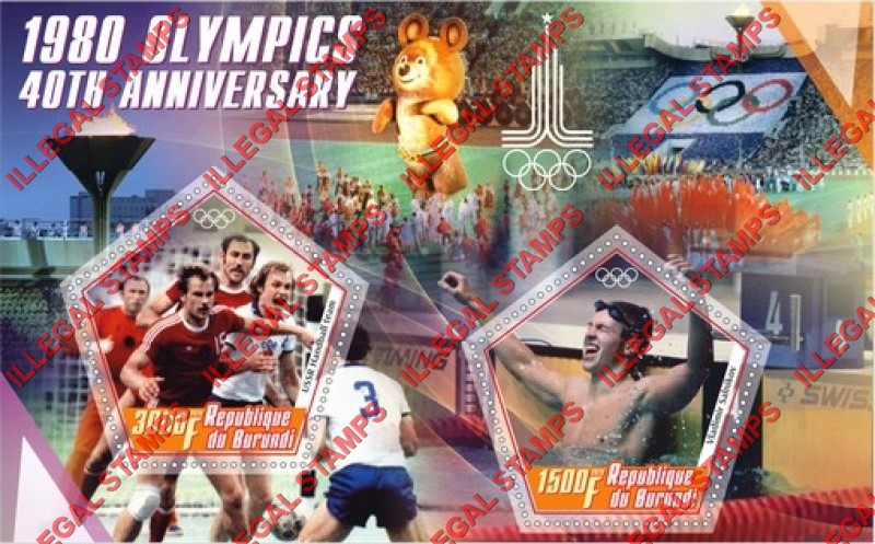 Burundi 2020 Olympic Games in Moscow in 1980 Counterfeit Illegal Stamp Souvenir Sheet of 2 Burundi 2020 Olympic Games in Moscow in 1980 Counterfeit Illegal Stamp Souvenir Sheet of 2