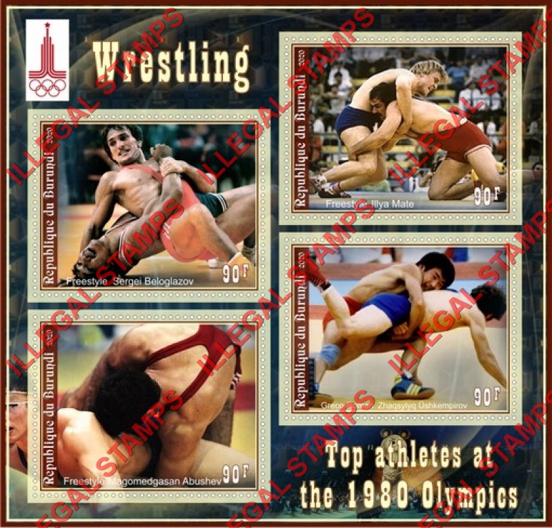 Burundi 2020 Olympic Games in Moscow in 1980 Wrestling Counterfeit Illegal Stamp Souvenir Sheet of 4 Burundi 2020 Olympic Games in Moscow in 1980 Wrestling Counterfeit Illegal Stamp Souvenir Sheet of 4