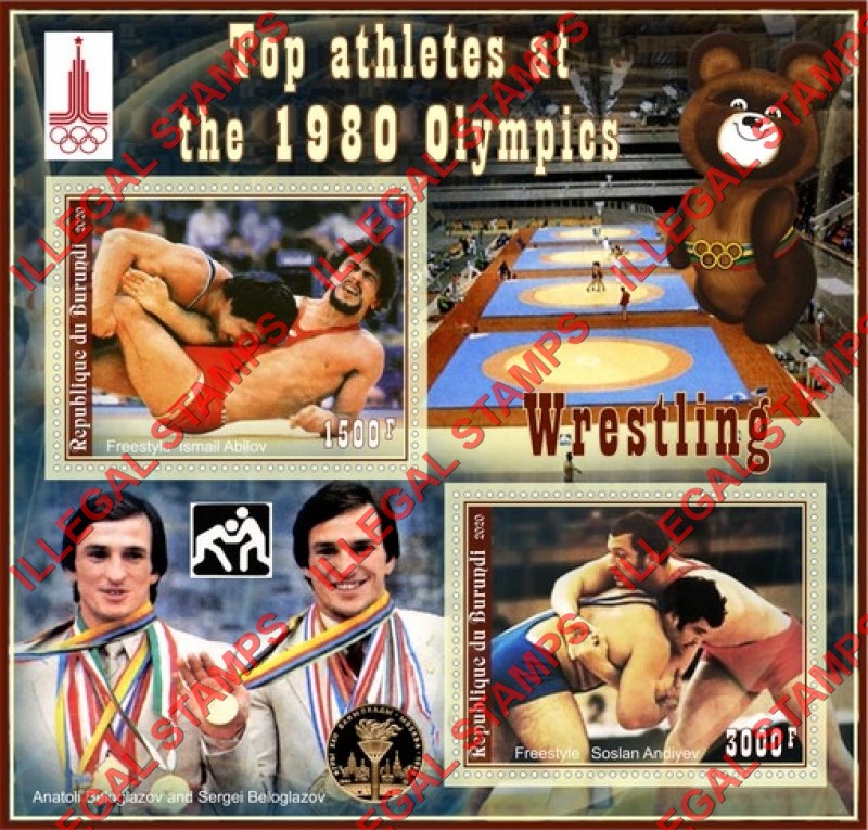 Burundi 2020 Olympic Games in Moscow in 1980 Wrestling Counterfeit Illegal Stamp Souvenir Sheet of 2 Burundi 2020 Olympic Games in Moscow in 1980 Wrestling Counterfeit Illegal Stamp Souvenir Sheet of 2