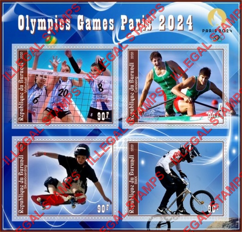 Burundi 2020 Olympic Games in Paris in 2024 Counterfeit Illegal Stamp Souvenir Sheet of 4 Burundi 2020 Olympic Games in Paris in 2024 Counterfeit Illegal Stamp Souvenir Sheet of 4