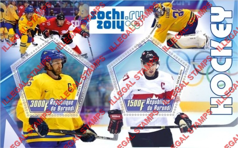 Burundi 2020 Olympic Games in Paris in 2024 Counterfeit Illegal Stamp Souvenir Sheet of 2 Burundi 2020 Olympic Games in Sochi in 2014 Hockey Counterfeit Illegal Stamp Souvenir Sheet of 2