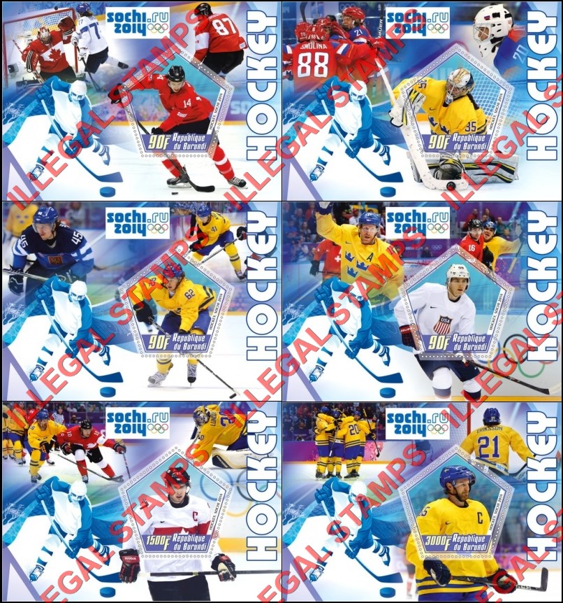 Burundi 2020 Olympic Games in Paris in 2024 Counterfeit Illegal Stamp Souvenir Sheets of 1 Burundi 2020 Olympic Games in Sochi in 2014 Hockey Counterfeit Illegal Stamp Souvenir Sheets of 1