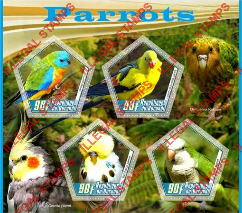 Burundi 2020 Parrots Counterfeit Illegal Stamp Souvenir Sheet of 4 Burundi 2020 Parrots Counterfeit Illegal Stamp Souvenir Sheet of 4