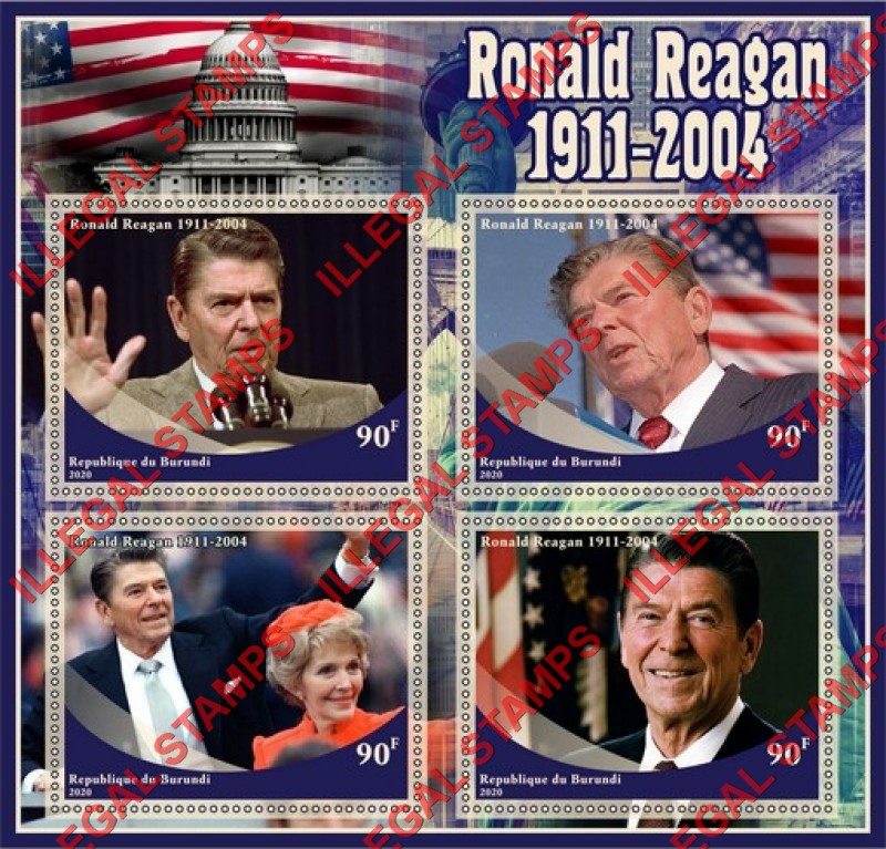 Burundi 2020 Ronald Reagan Counterfeit Illegal Stamp Souvenir Sheet of 4 Burundi 2020 Ronald Reagan Counterfeit Illegal Stamp Souvenir Sheet of 4