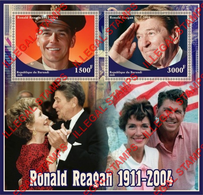 Burundi 2020 Ronald Reagan Counterfeit Illegal Stamp Souvenir Sheet of 2 Burundi 2020 Ronald Reagan Counterfeit Illegal Stamp Souvenir Sheet of 2