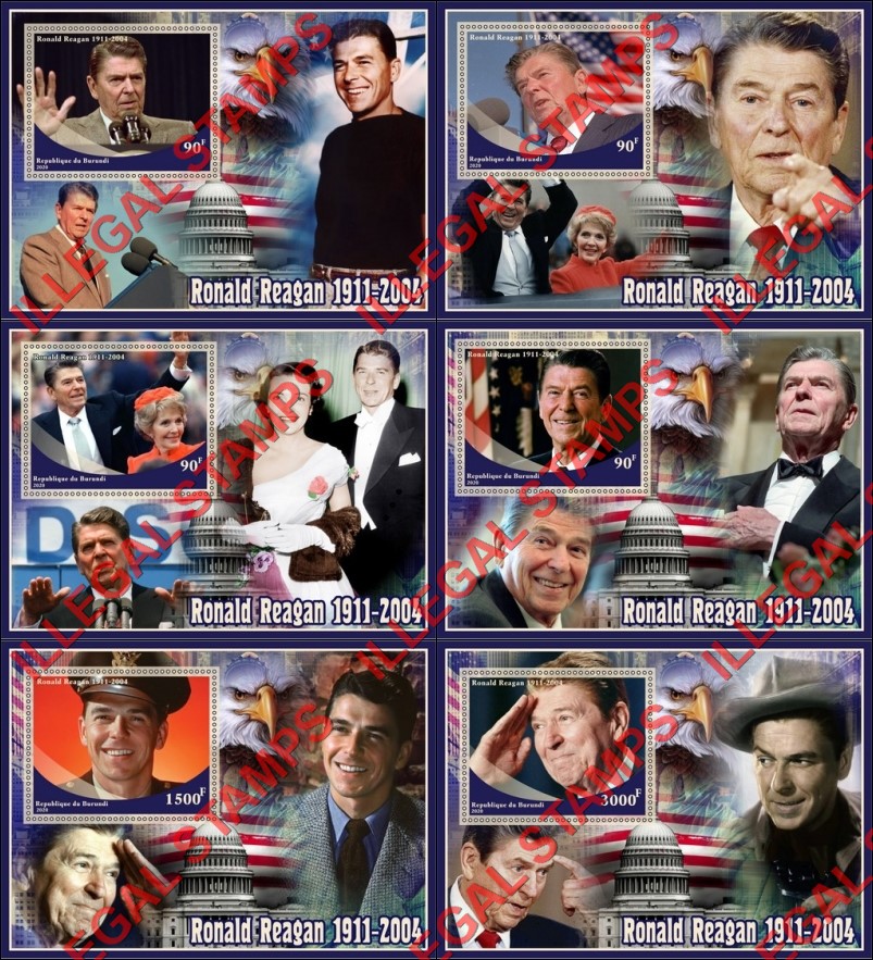 Burundi 2020 Ronald Reagan Counterfeit Illegal Stamp Souvenir Sheets of 1 Burundi 2020 Ronald Reagan Counterfeit Illegal Stamp Souvenir Sheets of 1