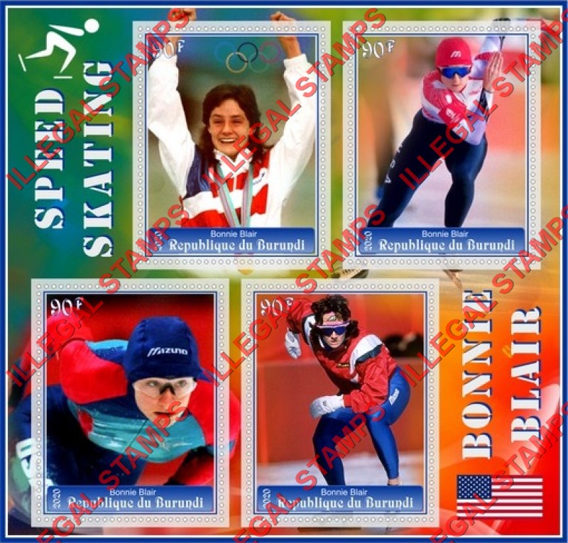 Burundi 2020 Speed Skating Bonnie Blair Counterfeit Illegal Stamp Souvenir Sheet of 4 Burundi 2020 Speed Skating Bonnie Blair Counterfeit Illegal Stamp Souvenir Sheet of 4