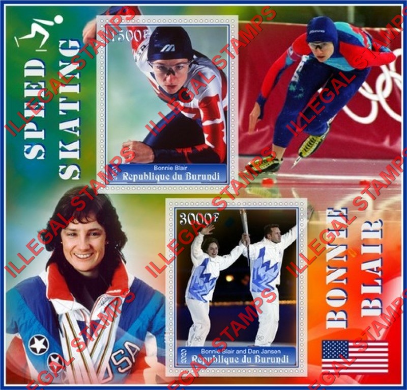 Burundi 2020 Speed Skating Bonnie Blair Counterfeit Illegal Stamp Souvenir Sheet of 2 Burundi 2020 Speed Skating Bonnie Blair Counterfeit Illegal Stamp Souvenir Sheet of 2