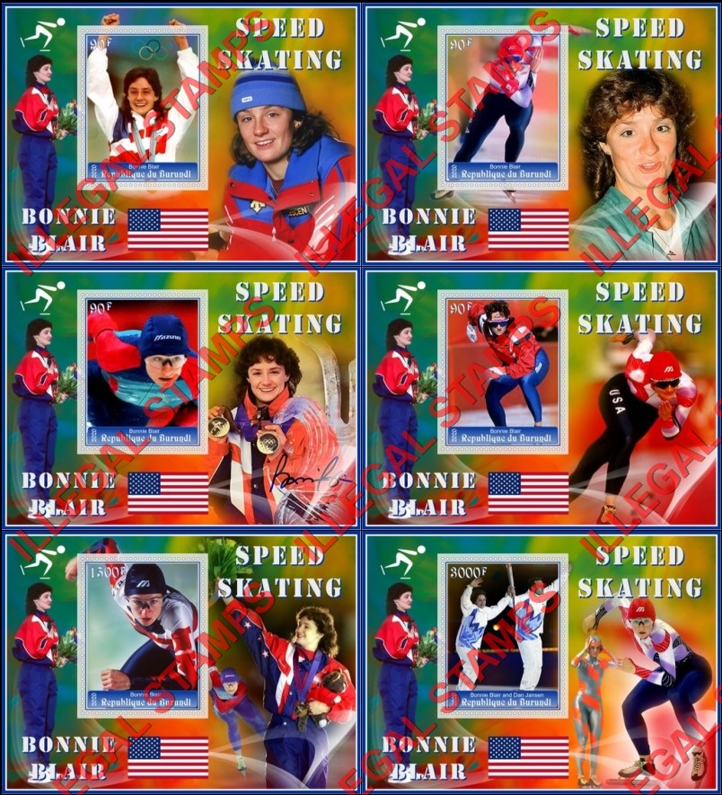 Burundi 2020 Speed Skating Bonnie Blair Counterfeit Illegal Stamp Souvenir Sheets of 1 Burundi 2020 Speed Skating Bonnie Blair Counterfeit Illegal Stamp Souvenir Sheets of 1