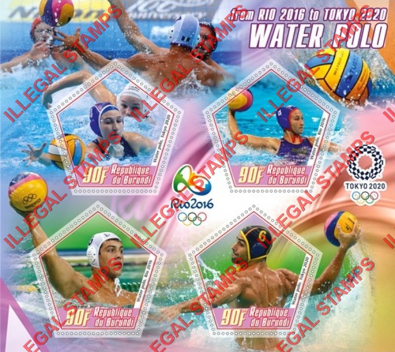 Burundi 2020 Water Polo Counterfeit Illegal Stamp Souvenir Sheet of 4 Burundi 2020 Water Polo Counterfeit Illegal Stamp Souvenir Sheet of 4