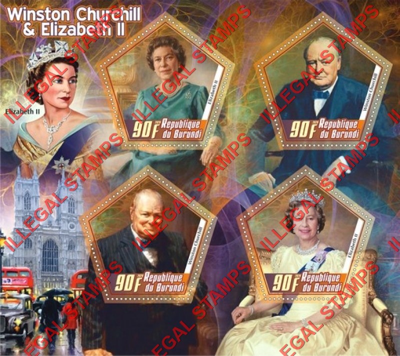 Burundi 2020 Winston Churchill and Queen Elizabeth II Counterfeit Illegal Stamp Souvenir Sheet of 4 Burundi 2020 Winston Churchill and Queen Elizabeth II Counterfeit Illegal Stamp Souvenir Sheet of 4