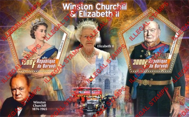 Burundi 2020 Winston Churchill and Queen Elizabeth II Counterfeit Illegal Stamp Souvenir Sheet of 2 Burundi 2020 Winston Churchill and Queen Elizabeth II Counterfeit Illegal Stamp Souvenir Sheet of 2