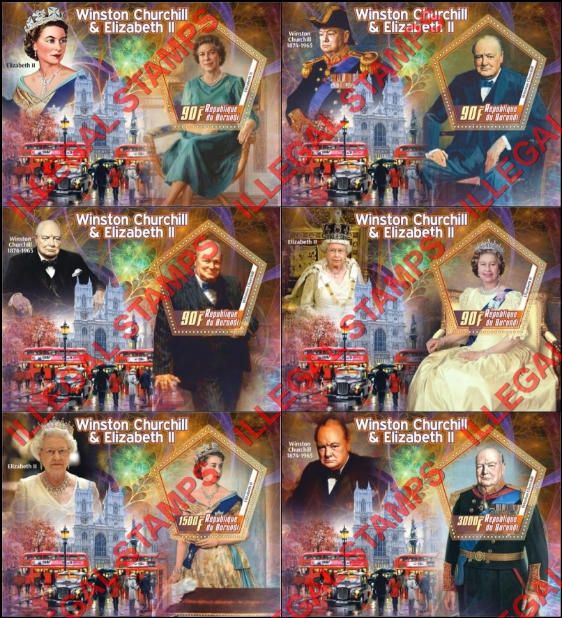 Burundi 2020 Winston Churchill and Queen Elizabeth II Counterfeit Illegal Stamp Souvenir Sheets of 1 Burundi 2020 Winston Churchill and Queen Elizabeth II Counterfeit Illegal Stamp Souvenir Sheets of 1