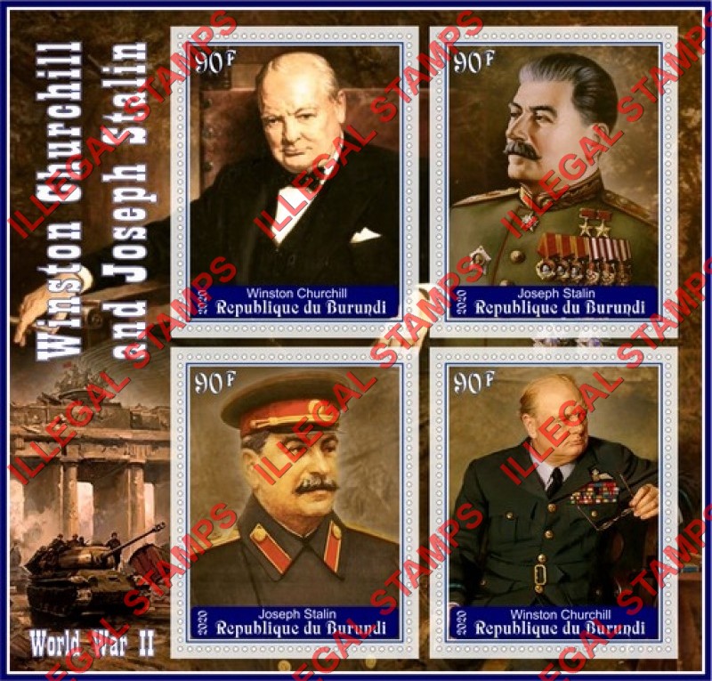 Burundi 2020 Winston Churchill and Joseph Stalin Counterfeit Illegal Stamp Souvenir Sheet of 4 Burundi 2020 Winston Churchill and Joseph Stalin Counterfeit Illegal Stamp Souvenir Sheet of 4