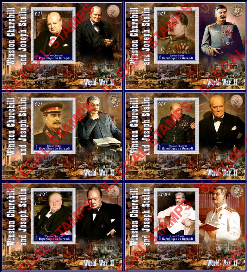 Burundi 2020 Winston Churchill and Joseph Stalin Counterfeit Illegal Stamp Souvenir Sheets of 1 Burundi 2020 Winston Churchill and Joseph Stalin Counterfeit Illegal Stamp Souvenir Sheets of 1