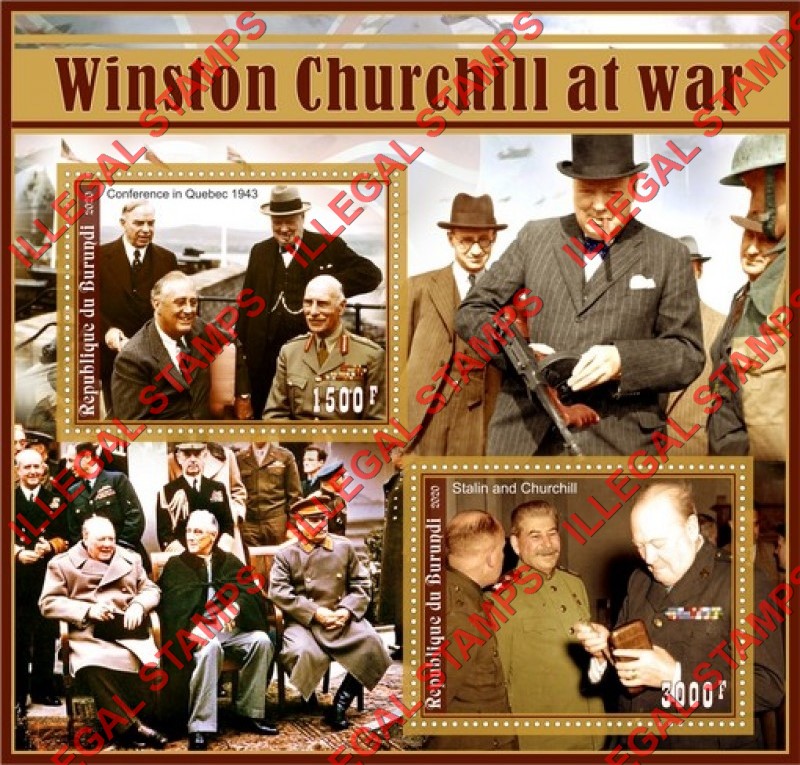 Burundi 2020 Winston Churchill at War Counterfeit Illegal Stamp Souvenir Sheet of 2 Burundi 2020 Winston Churchill at War Counterfeit Illegal Stamp Souvenir Sheet of 2