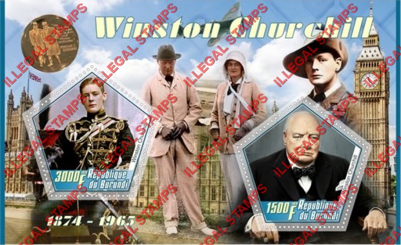 Burundi 2020 Winston Churchill (different) Counterfeit Illegal Stamp Souvenir Sheet of 2 Burundi 2020 Winston Churchill (different) Counterfeit Illegal Stamp Souvenir Sheet of 2
