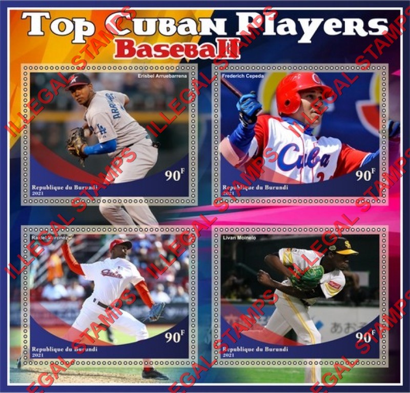Burundi 2021 Baseball Top Cuban Players Counterfeit Illegal Stamp Souvenir Sheet of 4 Burundi 2021 Baseball Top Cuban Players Counterfeit Illegal Stamp Souvenir Sheet of 4