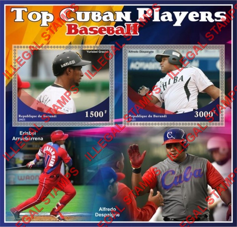 Burundi 2021 Baseball Top Cuban Players Counterfeit Illegal Stamp Souvenir Sheet of 2 Burundi 2021 Baseball Top Cuban Players Counterfeit Illegal Stamp Souvenir Sheet of 2