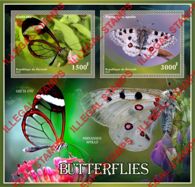 Burundi 2021 Butterflies Counterfeit Illegal Stamp Souvenir Sheet of 2 Burundi 2021 Butterflies Counterfeit Illegal Stamp Souvenir Sheet of 2