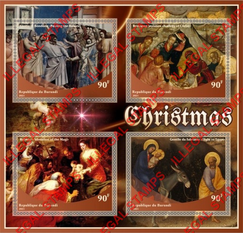 Burundi 2021 Christmas Paintings Counterfeit Illegal Stamp Souvenir Sheet of 4 Burundi 2021 Christmas Paintings Counterfeit Illegal Stamp Souvenir Sheet of 4