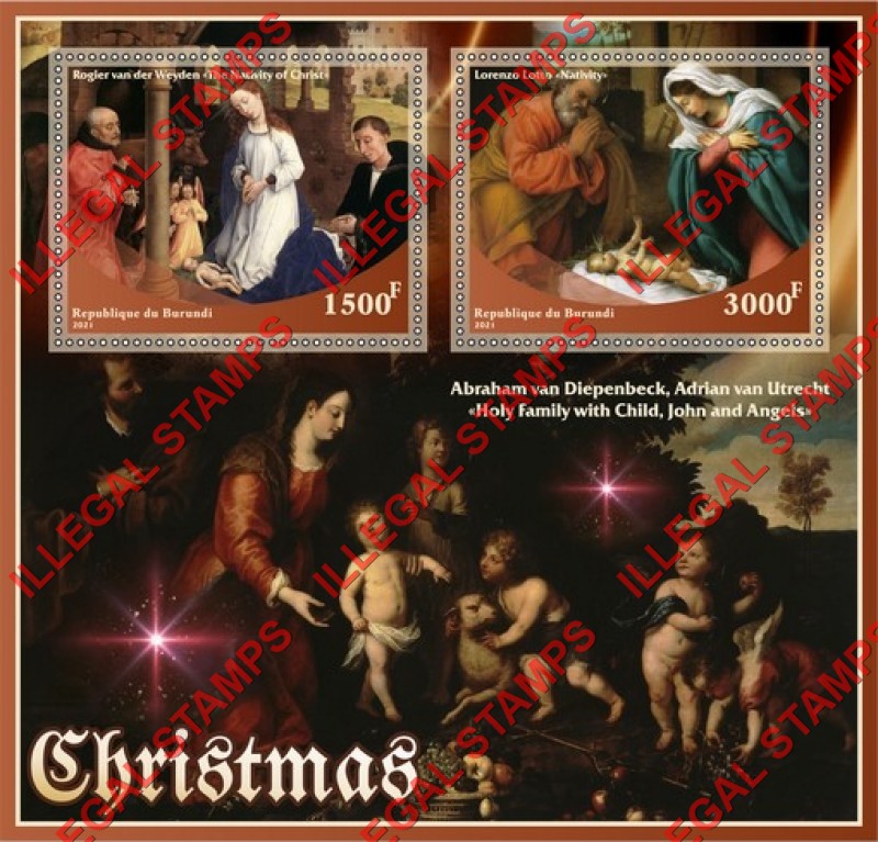 Burundi 2021 Christmas Paintings Counterfeit Illegal Stamp Souvenir Sheet of 2 Burundi 2021 Christmas Paintings Counterfeit Illegal Stamp Souvenir Sheet of 2
