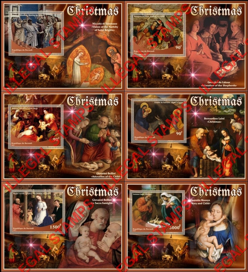 Burundi 2021 Christmas Paintings Counterfeit Illegal Stamp Souvenir Sheets of 1 Burundi 2021 Christmas Paintings Counterfeit Illegal Stamp Souvenir Sheets of 1