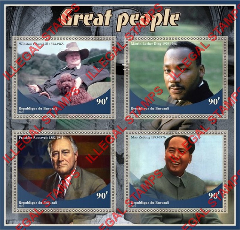 Burundi 2021 Great People Counterfeit Illegal Stamp Souvenir Sheet of 4 Burundi 2021 Great People Counterfeit Illegal Stamp Souvenir Sheet of 4