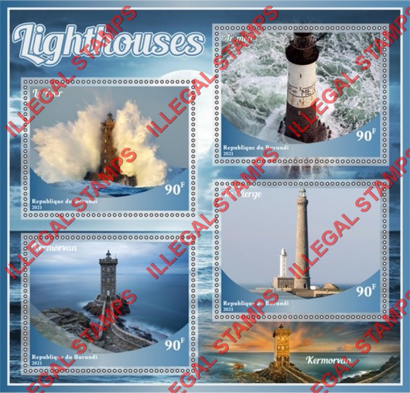 Burundi 2021 Lighthouses Counterfeit Illegal Stamp Souvenir Sheet of 4 Burundi 2021 Lighthouses Counterfeit Illegal Stamp Souvenir Sheet of 4