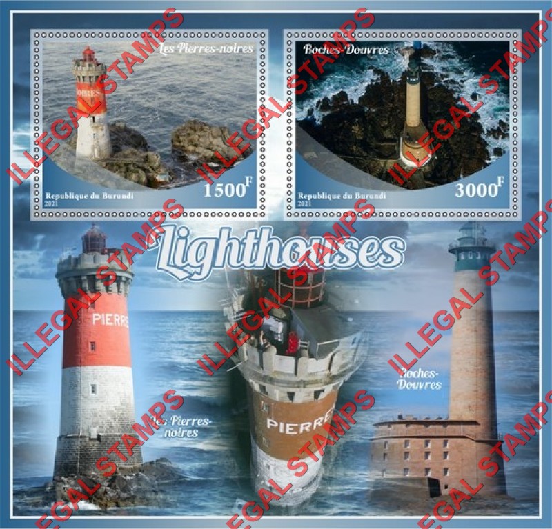 Burundi 2021 Lighthouses Counterfeit Illegal Stamp Souvenir Sheet of 2 Burundi 2021 Lighthouses Counterfeit Illegal Stamp Souvenir Sheet of 2