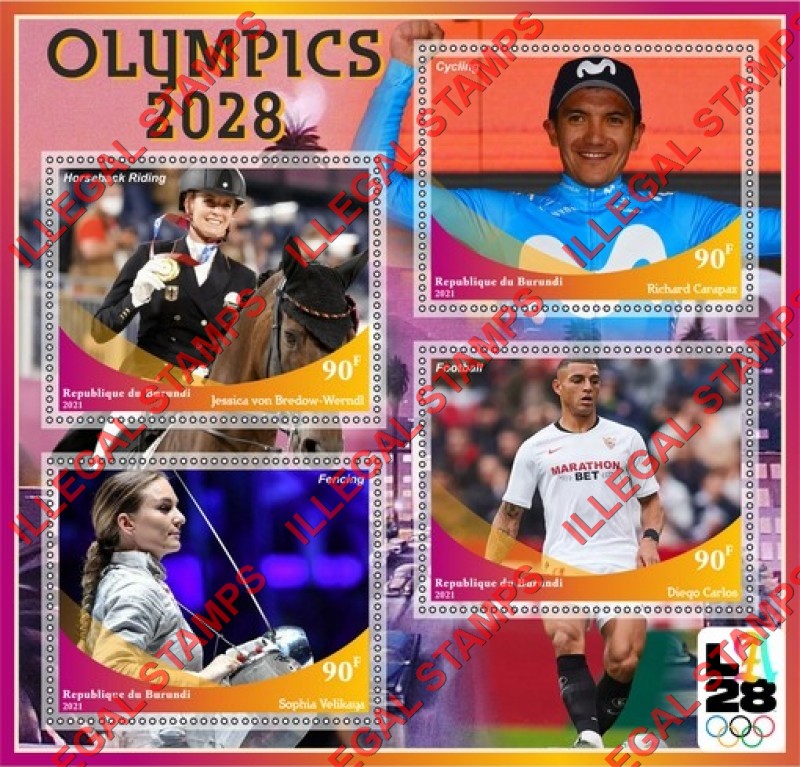Burundi 2021 Olympic Games in Los Angeles in 2028 Counterfeit Illegal Stamp Souvenir Sheet of 4 Burundi 2021 Olympic Games in Los Angeles in 2028 Counterfeit Illegal Stamp Souvenir Sheet of 4
