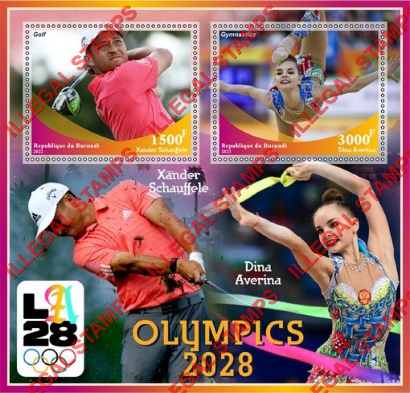 Burundi 2021 Olympic Games in Los Angeles in 2028 Counterfeit Illegal Stamp Souvenir Sheet of 2 Burundi 2021 Olympic Games in Los Angeles in 2028 Counterfeit Illegal Stamp Souvenir Sheet of 2