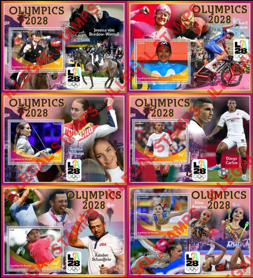 Burundi 2021 Olympic Games in Los Angeles in 2028 Counterfeit Illegal Stamp Souvenir Sheets of 1 Burundi 2021 Olympic Games in Los Angeles in 2028 Counterfeit Illegal Stamp Souvenir Sheets of 1