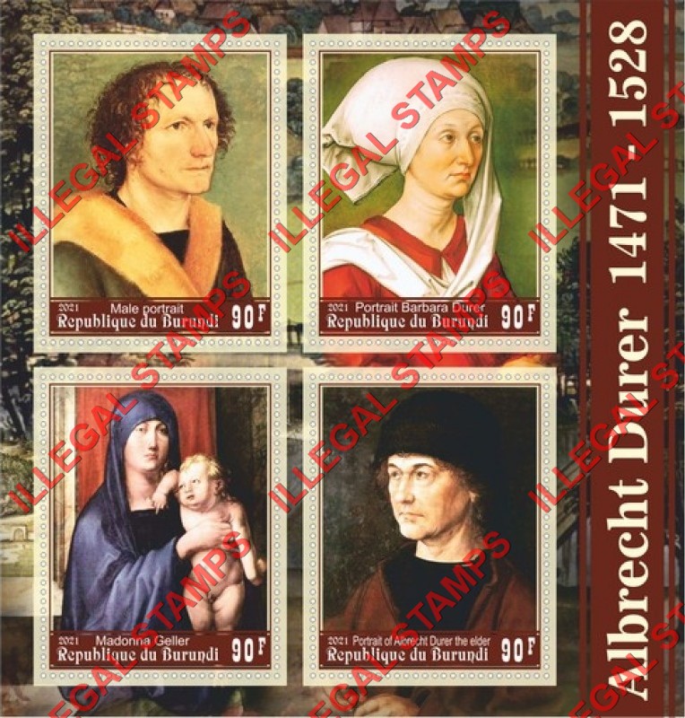 Burundi 2021 Paintings by Albrecht Durer (different) Counterfeit Illegal Stamp Souvenir Sheet of 4 Burundi 2021 Paintings by Albrecht Durer (different) Counterfeit Illegal Stamp Souvenir Sheet of 4