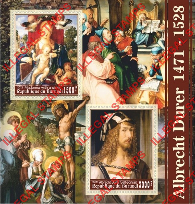 Burundi 2021 Paintings by Albrecht Durer (different) Counterfeit Illegal Stamp Souvenir Sheet of 2 Burundi 2021 Paintings by Albrecht Durer (different) Counterfeit Illegal Stamp Souvenir Sheet of 2