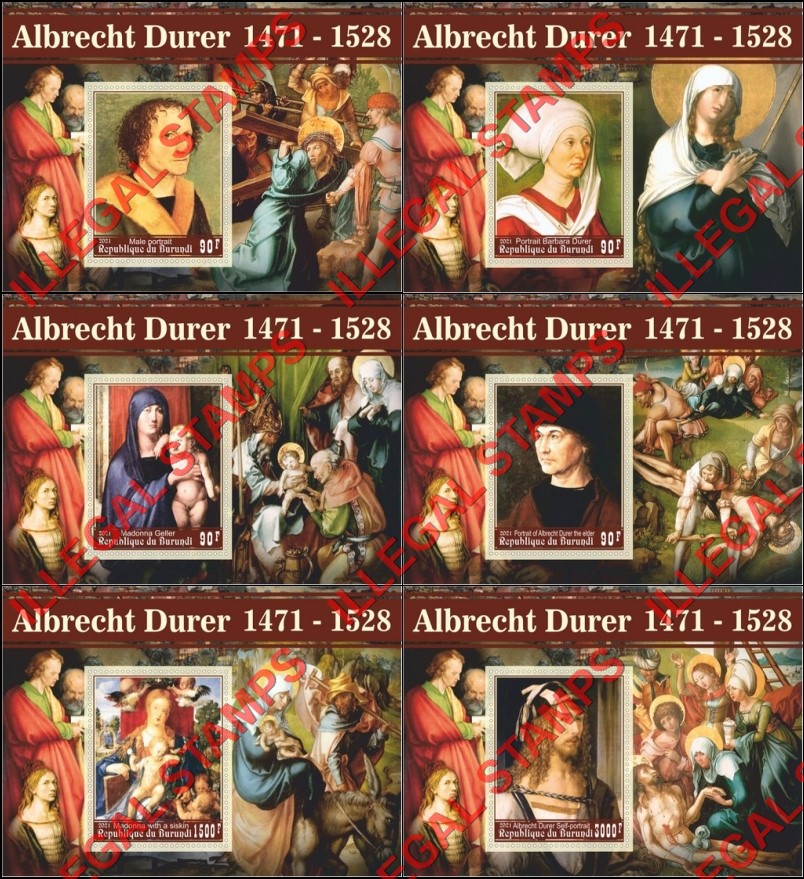 Burundi 2021 Paintings by Albrecht Durer (different) Counterfeit Illegal Stamp Souvenir Sheets of 1 Burundi 2021 Paintings by Albrecht Durer (different) Counterfeit Illegal Stamp Souvenir Sheets of 1