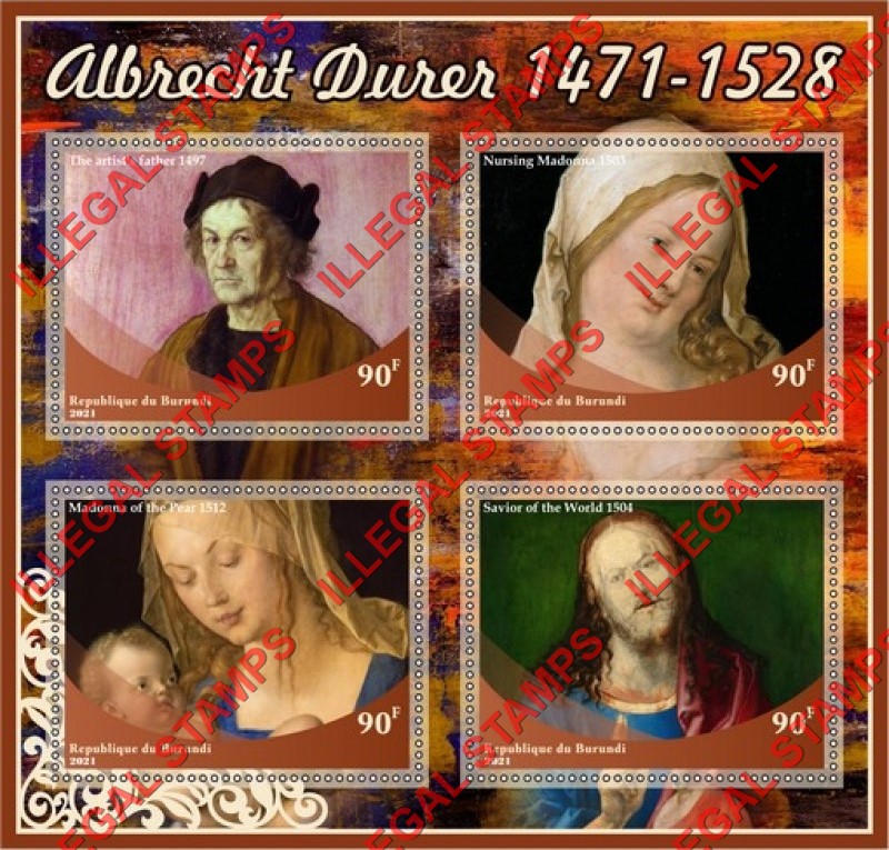 Burundi 2021 Paintings by Albrecht Durer Counterfeit Illegal Stamp Souvenir Sheet of 4 Burundi 2021 Paintings by Albrecht Durer Counterfeit Illegal Stamp Souvenir Sheet of 4
