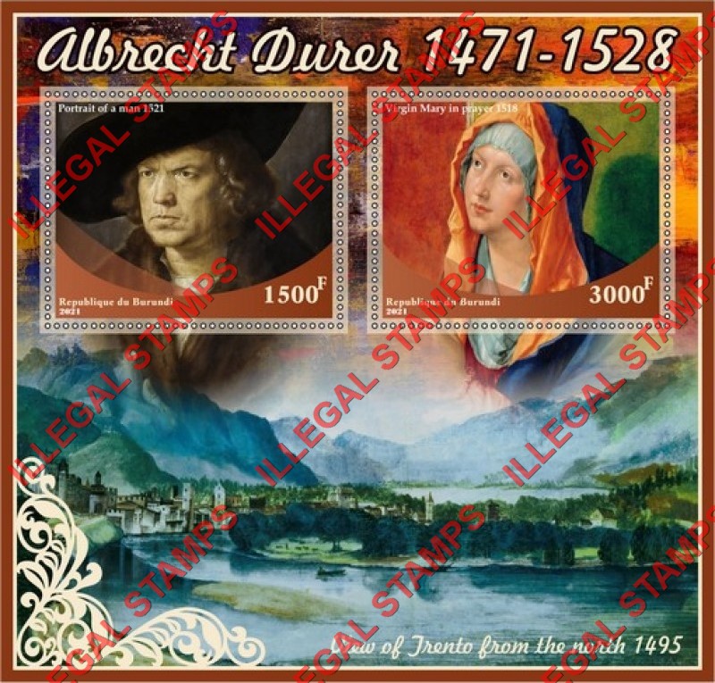 Burundi 2021 Paintings by Albrecht Durer Counterfeit Illegal Stamp Souvenir Sheet of 2 Burundi 2021 Paintings by Albrecht Durer Counterfeit Illegal Stamp Souvenir Sheet of 2