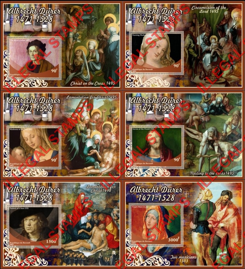 Burundi 2021 Paintings by Albrecht Durer Counterfeit Illegal Stamp Souvenir Sheets of 1 Burundi 2021 Paintings by Albrecht Durer Counterfeit Illegal Stamp Souvenir Sheets of 1