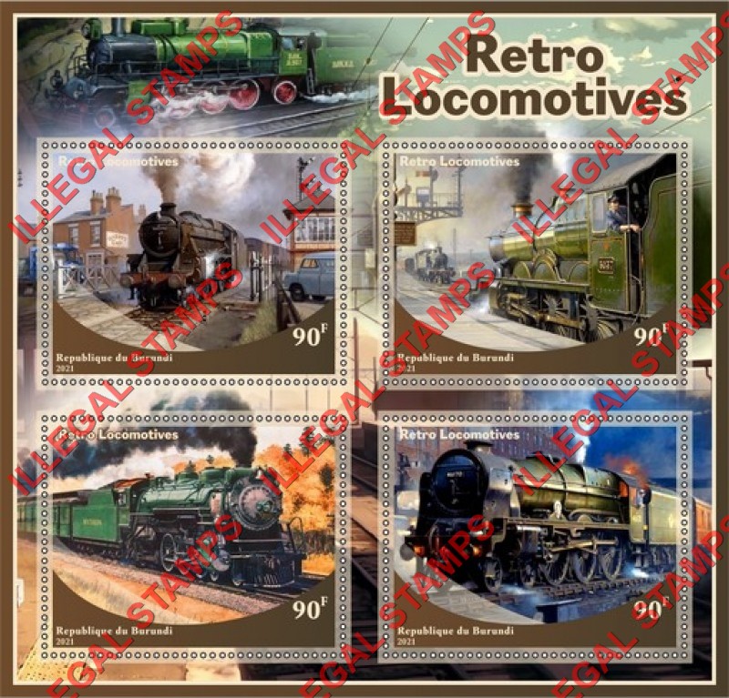 Burundi 2021 Retro Locomotives Counterfeit Illegal Stamp Souvenir Sheet of 4 Burundi 2021 Retro Locomotives Counterfeit Illegal Stamp Souvenir Sheet of 4