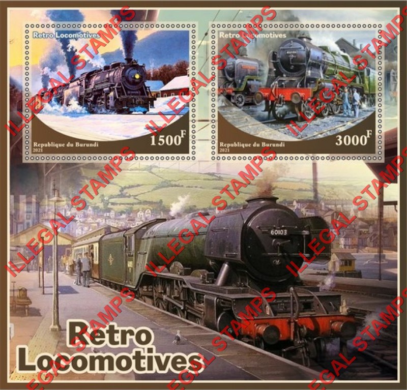 Burundi 2021 Retro Locomotives Counterfeit Illegal Stamp Souvenir Sheet of 2 Burundi 2021 Retro Locomotives Counterfeit Illegal Stamp Souvenir Sheet of 2