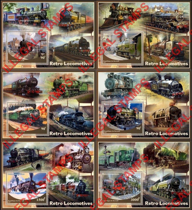 Burundi 2021 Retro Locomotives Counterfeit Illegal Stamp Souvenir Sheets of 1 Burundi 2021 Retro Locomotives Counterfeit Illegal Stamp Souvenir Sheets of 1