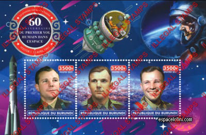 Burundi 2021 Space First Human Flight Yuri Gagarin Counterfeit Illegal Stamp Souvenir Sheet of 3 Burundi 2021 Space First Human Flight Yuri Gagarin Counterfeit Illegal Stamp Souvenir Sheet of 3