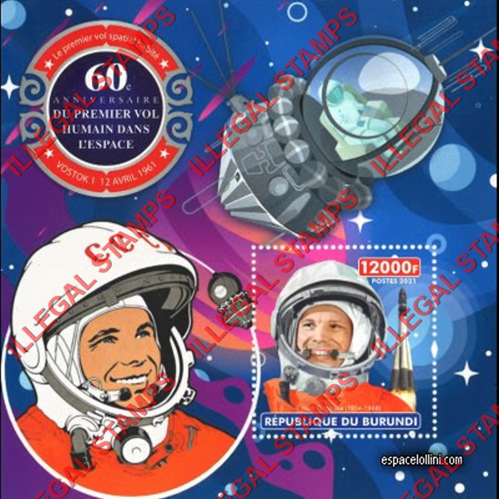 Burundi 2021 Space First Human Flight Yuri Gagarin Counterfeit Illegal Stamp Souvenir Sheet of 1 Burundi 2021 Space First Human Flight Yuri Gagarin Counterfeit Illegal Stamp Souvenir Sheet of 1