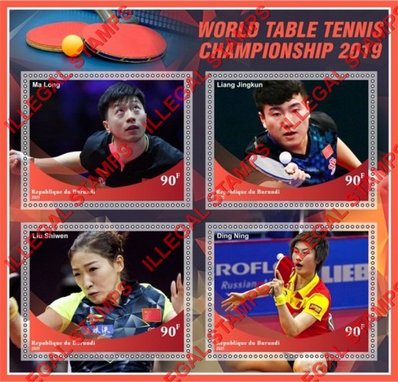 Burundi 2021 Table Tennis World Championship in 2019 Counterfeit Illegal Stamp Souvenir Sheet of 4 Burundi 2021 Table Tennis World Championship in 2019 Counterfeit Illegal Stamp Souvenir Sheet of 4